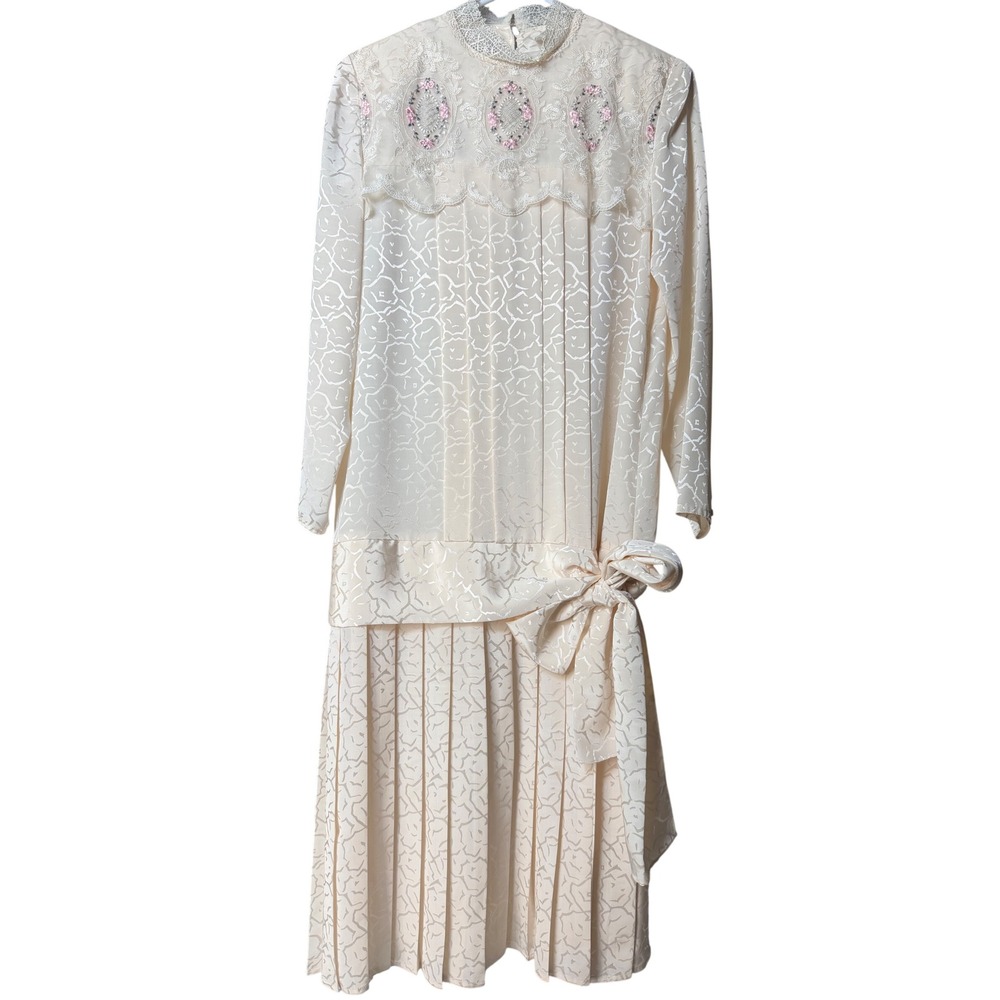 Nilani Pleated Midi Dress 8 Cream Jacquard Lace Bib Drop Waist 100% Polyester